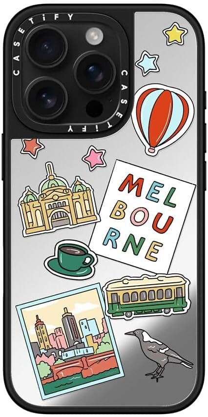 CASETiFY Mirror Case for iPhone 16 [Reflective / 4.9ft Drop Protection/Compatible with Magsafe] - Melbourne Stickers - Silver On Black