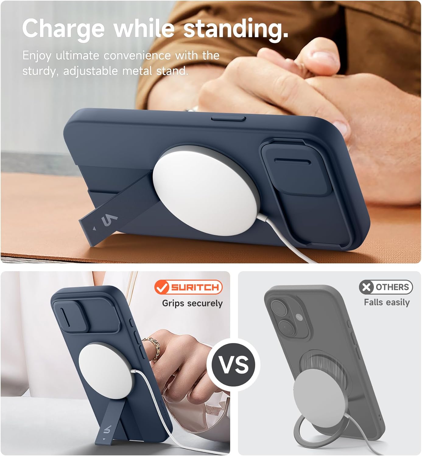 SURITCH for iPhone 12/12 Pro Case with Magnetic Camera Slide Cover and Adjustable Kickstand, Compatible with MagSafe, Shockproof Bumper Case Slim Protective Cover for iPhone 12/12 Pro 6.1 Inch, Black