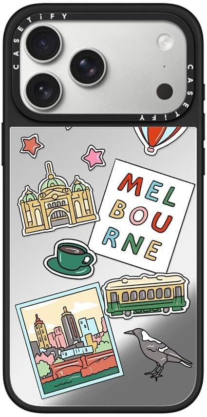 CASETiFY Mirror Case for iPhone 16 [Reflective / 4.9ft Drop Protection/Compatible with Magsafe] - Melbourne Stickers - Silver On Black