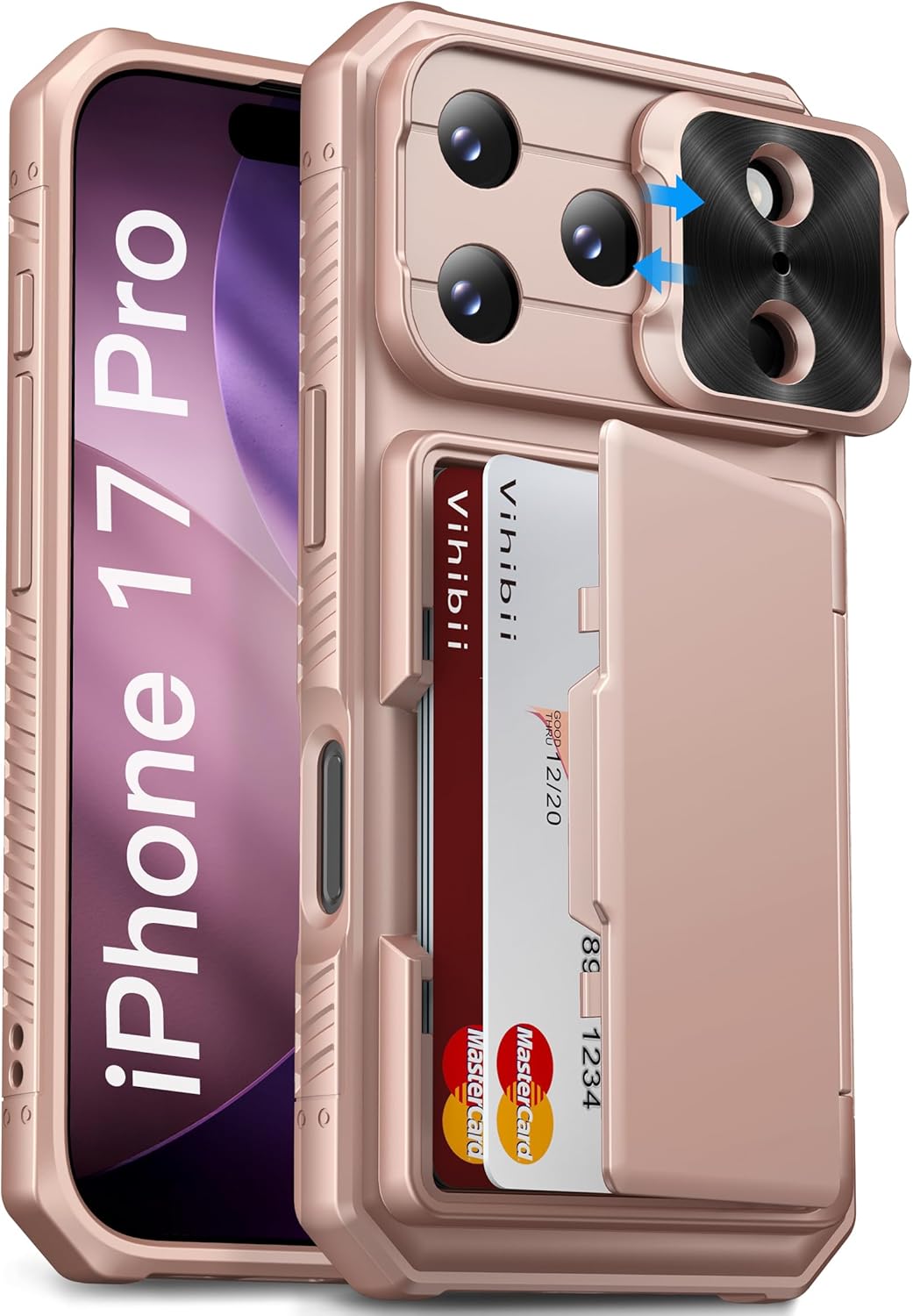 Vihibii for iPhone 17 Pro Case Wallet with Card Holder (4 Cards) [RFID Blocking] & Slide Camera Cover, Military Grade Drop Protection, Rugged Hard Back & Silicone Edge Phone Case 6.3 5G 2025, Black