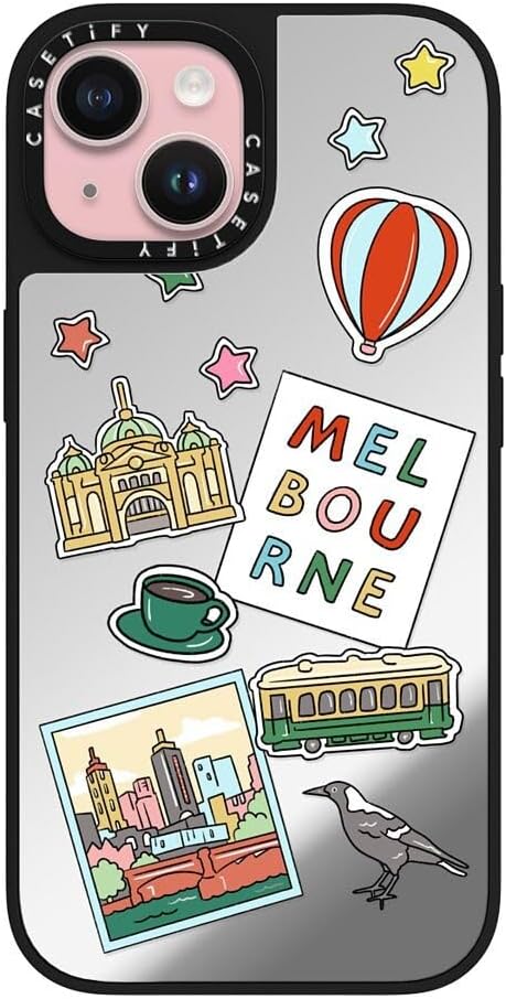 CASETiFY Mirror Case for iPhone 16 [Reflective / 4.9ft Drop Protection/Compatible with Magsafe] - Melbourne Stickers - Silver On Black