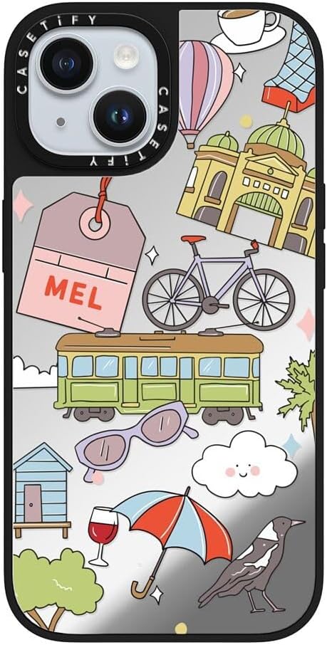 CASETiFY Mirror Case for iPhone 16 [Reflective / 4.9ft Drop Protection/Compatible with Magsafe] - Melbourne Stickers - Silver On Black