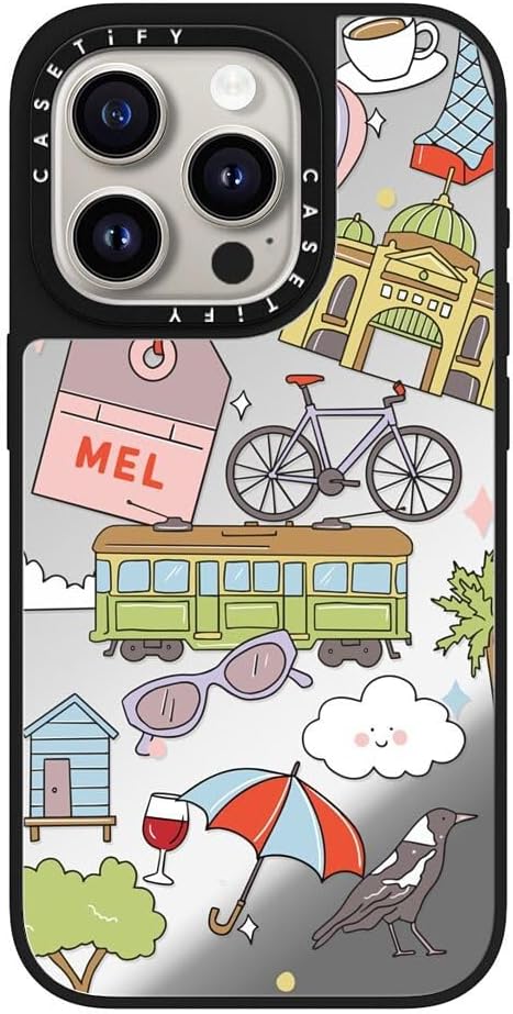 CASETiFY Mirror Case for iPhone 16 [Reflective / 4.9ft Drop Protection/Compatible with Magsafe] - Melbourne Stickers - Silver On Black