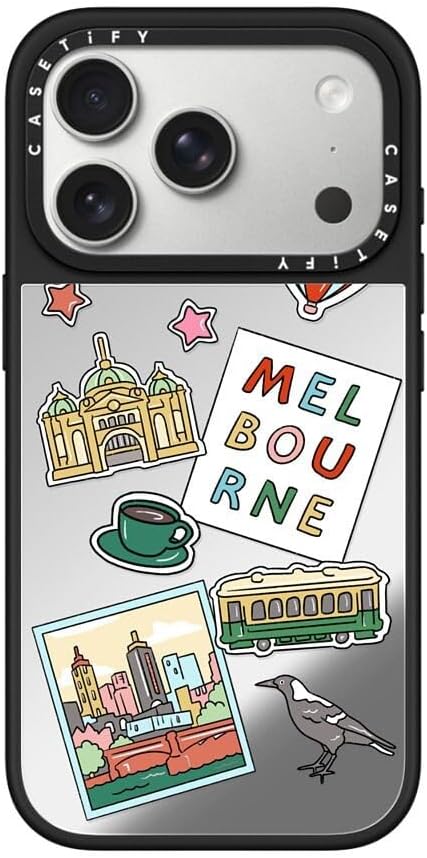CASETiFY Mirror Case for iPhone 16 [Reflective / 4.9ft Drop Protection/Compatible with Magsafe] - Melbourne Stickers - Silver On Black