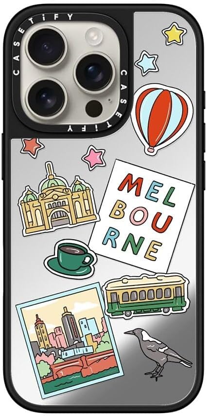 CASETiFY Mirror Case for iPhone 16 [Reflective / 4.9ft Drop Protection/Compatible with Magsafe] - Melbourne Stickers - Silver On Black