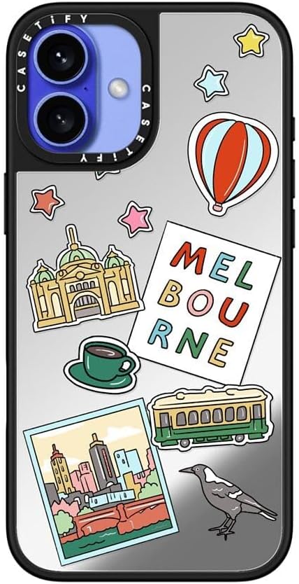 CASETiFY Mirror Case for iPhone 16 [Reflective / 4.9ft Drop Protection/Compatible with Magsafe] - Melbourne Stickers - Silver On Black