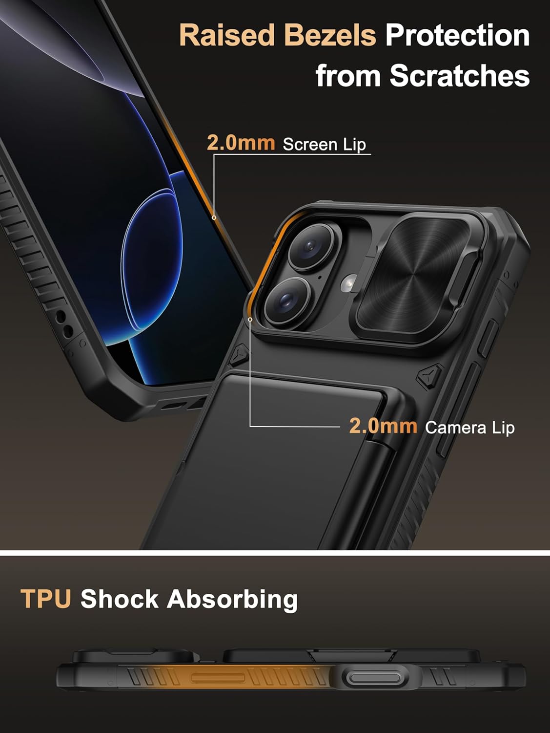 Vihibii for iPhone 17 Pro Case Wallet with Card Holder (4 Cards) [RFID Blocking] & Slide Camera Cover, Military Grade Drop Protection, Rugged Hard Back & Silicone Edge Phone Case 6.3 5G 2025, Black