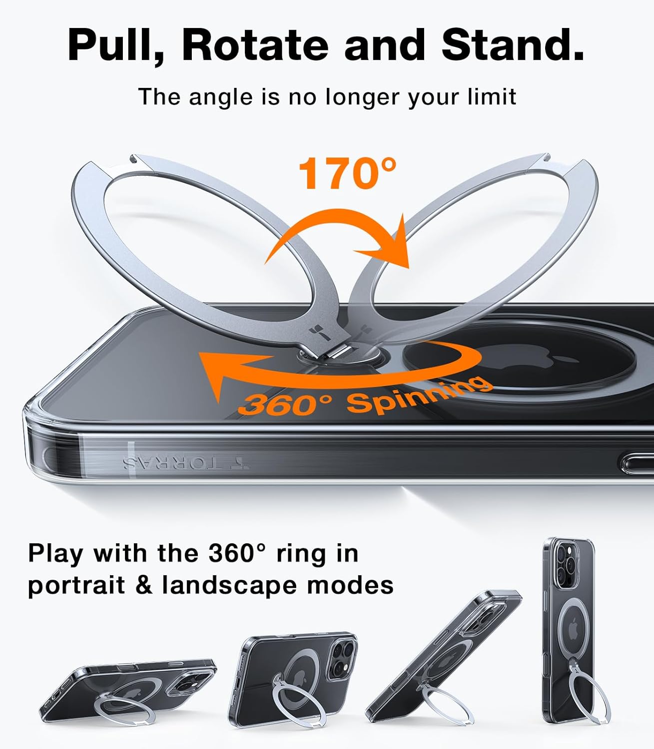 TORRAS Q3 360 Spin for iPhone 17 Pro Max Case Magnetic Stand, Compatible with Magsafe, Military Grade Protection, Camera Control, Built-in Kickstand 17 Pro Max Phone Case 6.9'', Clear