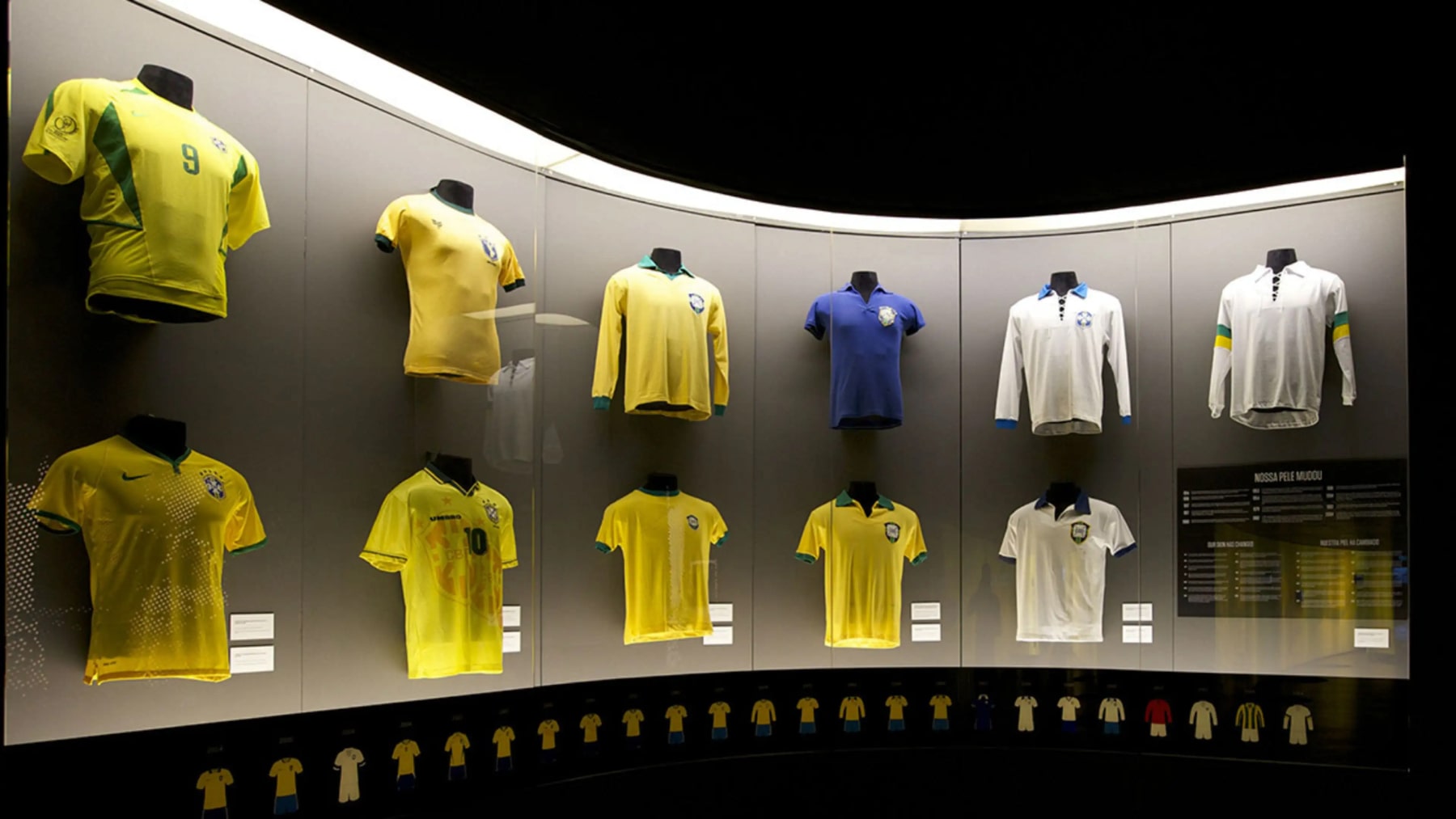 Une image montrant l’histoire des couleurs des maillots de football de l’équipe nationale du Brésil, qui a commencé avec le blanc puis a changé pour le jaune et l’utilise depuis lors.