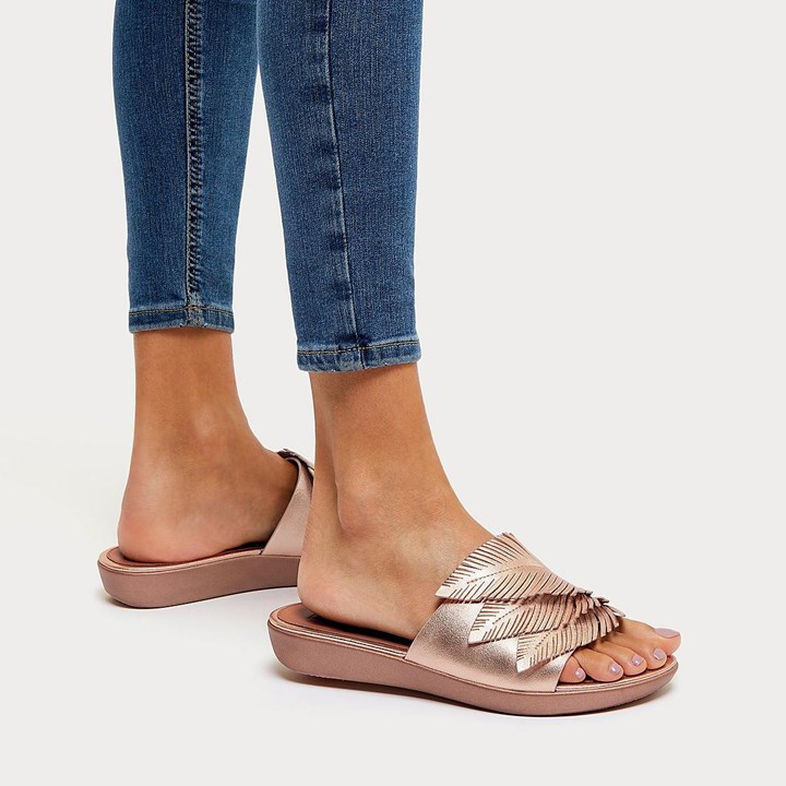 Fitflop Sola Feather Metallic Leather Slides - FitFlop Online