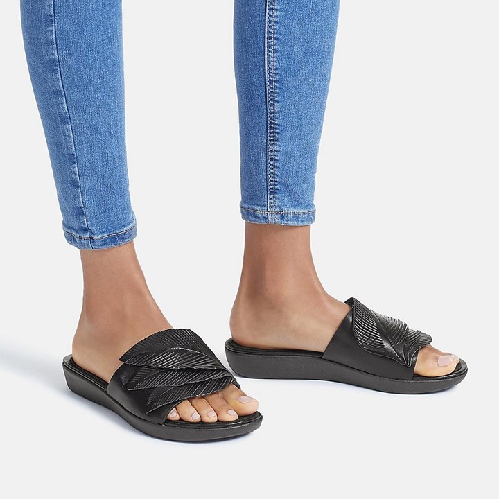 Fitflop Sola Feather Metallic Leather Slides - FitFlop Online