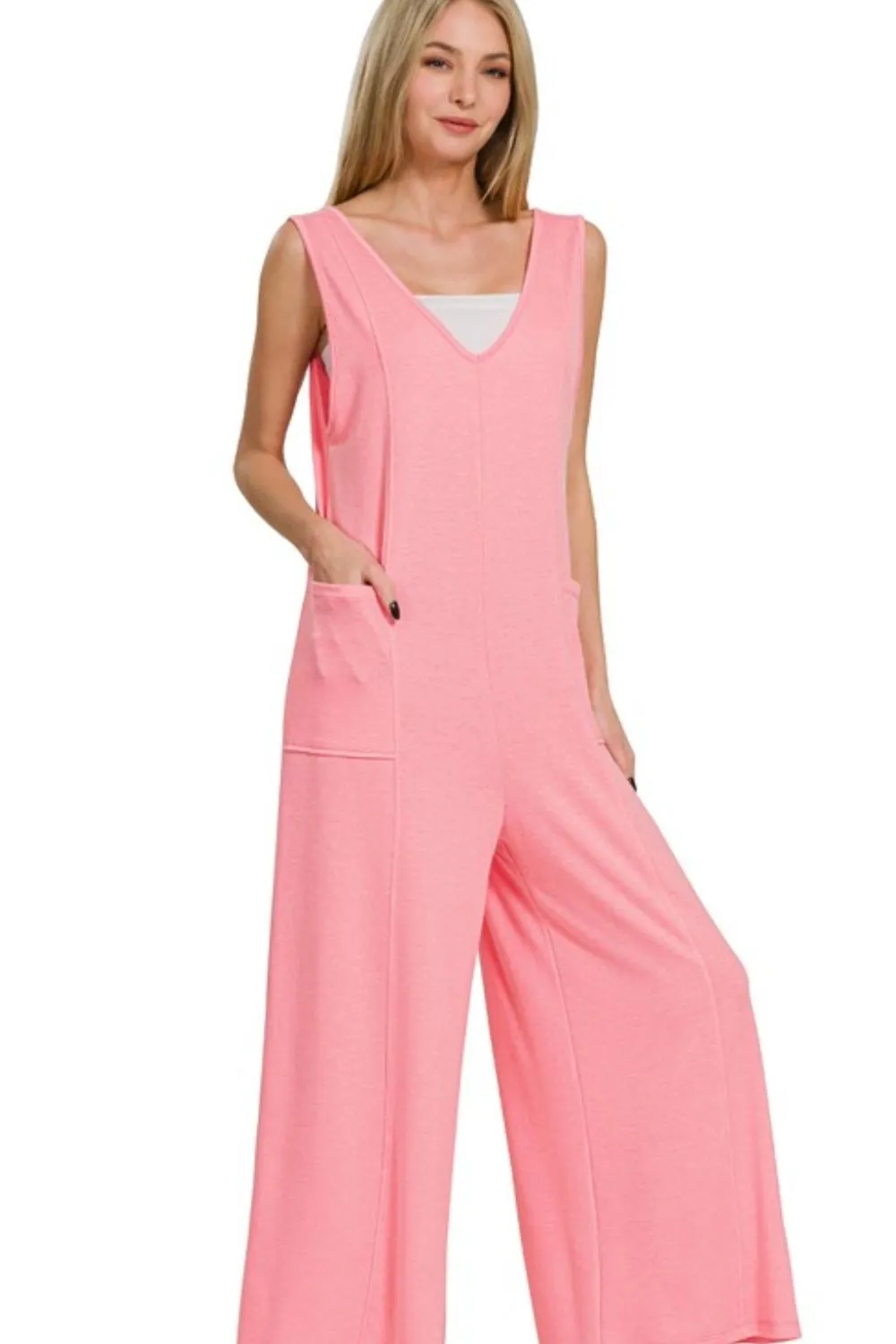Zenana French Terry Deep V Neck Jumpsuits