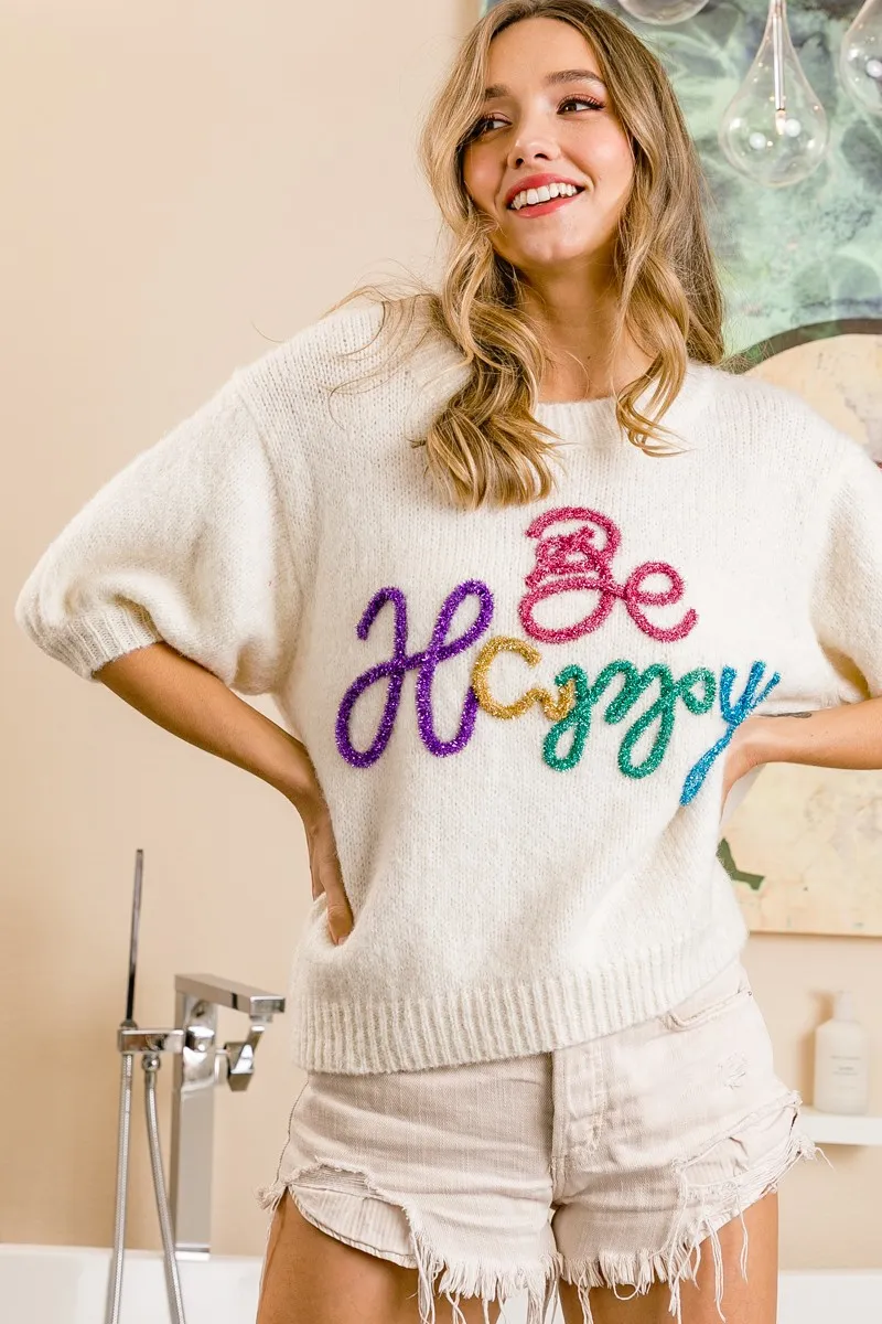 BiBi Metallic Letter Short Puff Sleeve Hairy Sweater