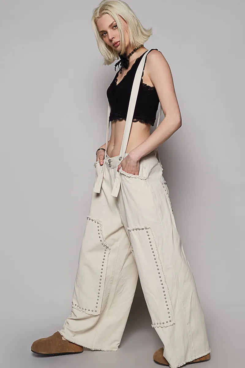 POL Raw Hem Studded Knee Patches Cargo Overalls