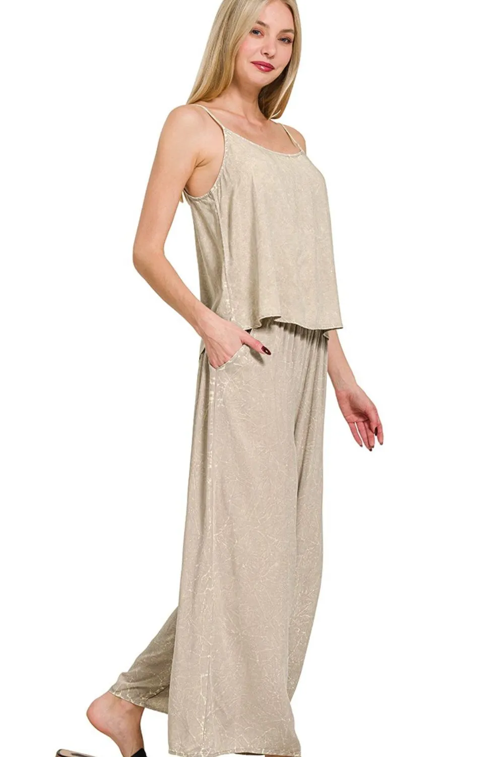 Zenana Woven Acid Crinkle Washed Cami & Pants 2 Piece Set