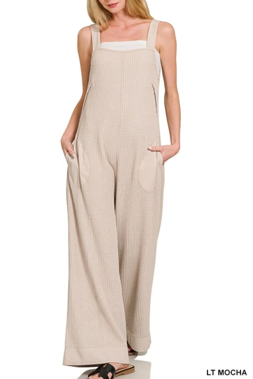 Zenana Knit Waffle Wide Leg Overalls