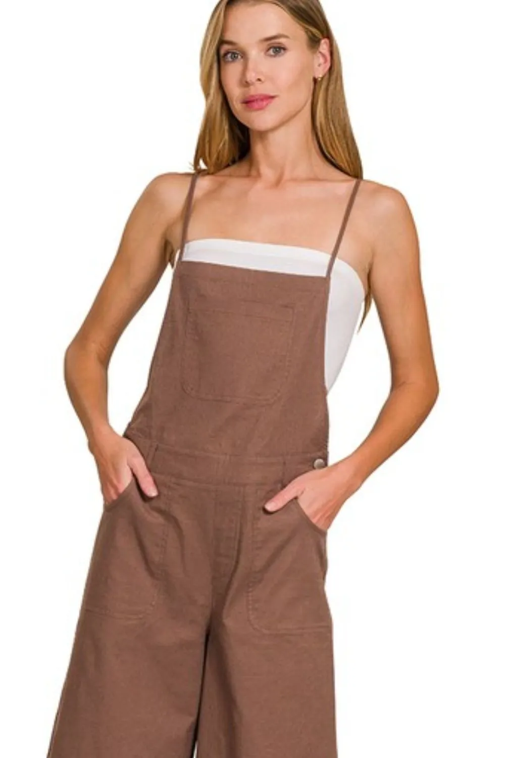 Zenana Woven Spaghetti Strap Overalls