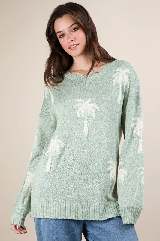 VERY J Palm Tree Graphic Oversized Knit Sweater