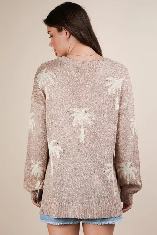 VERY J Palm Tree Graphic Oversized Knit Sweater