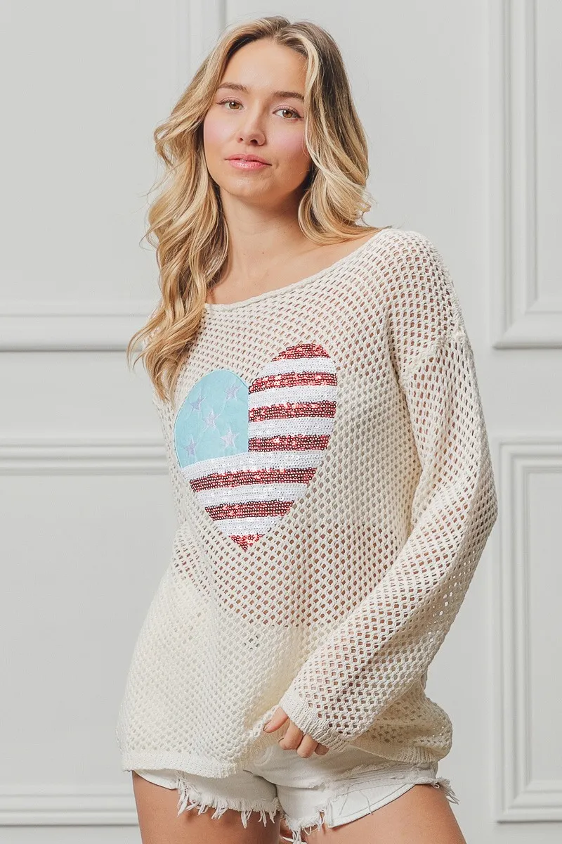 BiBi Sequin American Flag Heart Knit Up