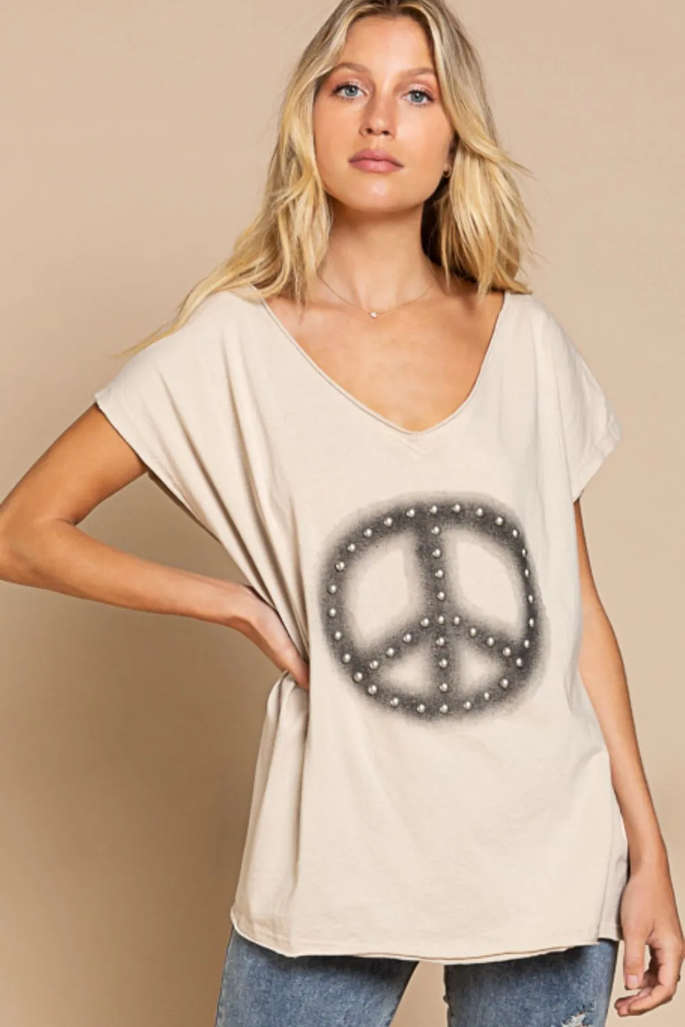 POL Peace Sign Studded V-Neck T-Shirt