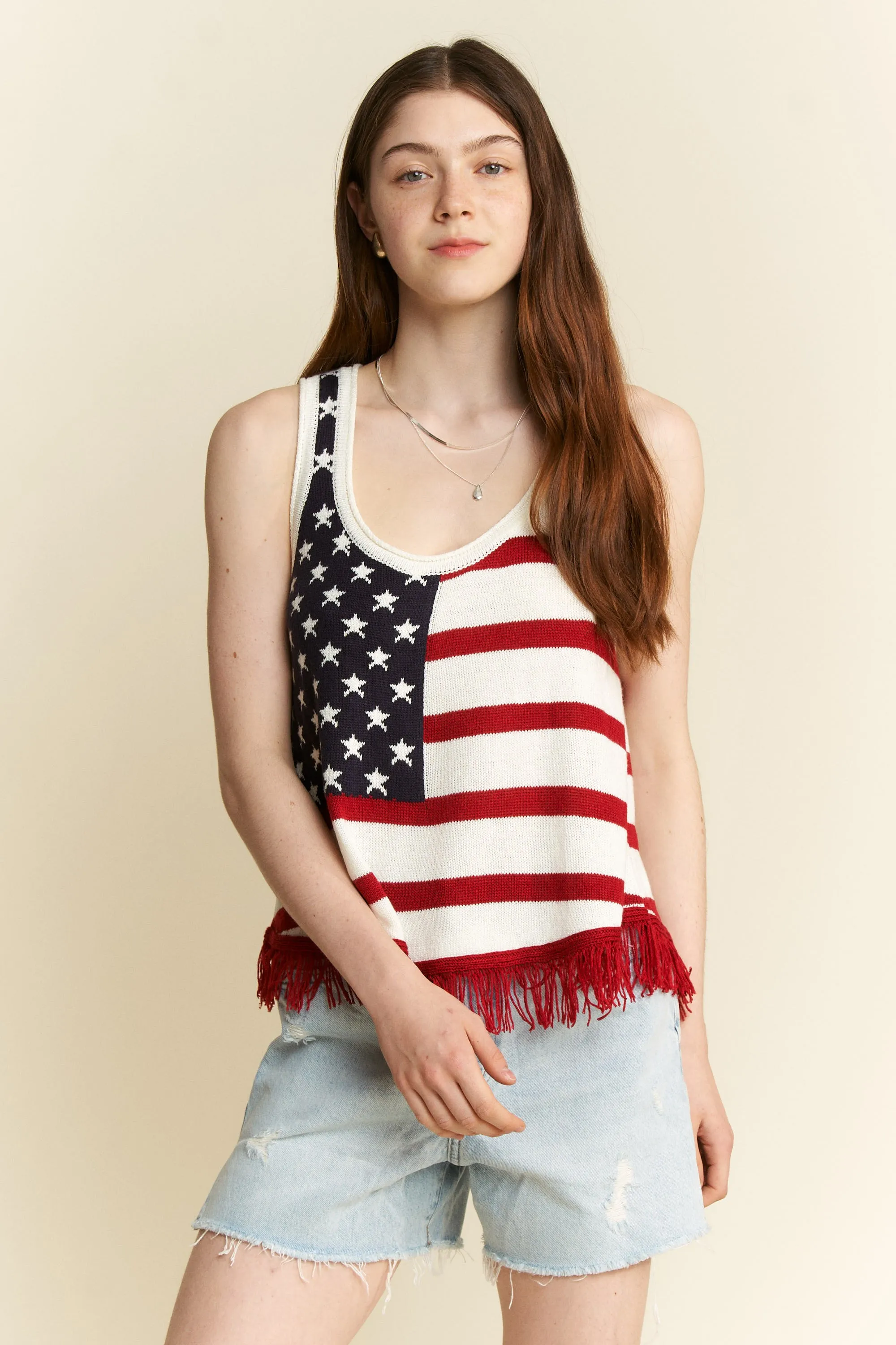 Jade By Jane Full Size American Flag Fringe Tank Top Plus Size