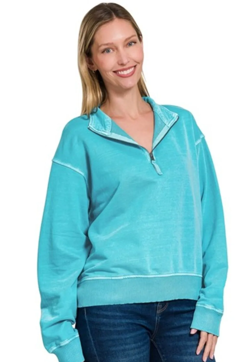 Zenana F/terry Pigment Dye & Enzyme Washing Half Zip Top