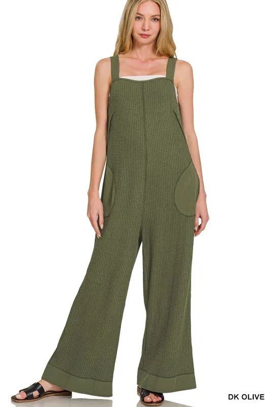 Zenana Knit Waffle Wide Leg Overalls