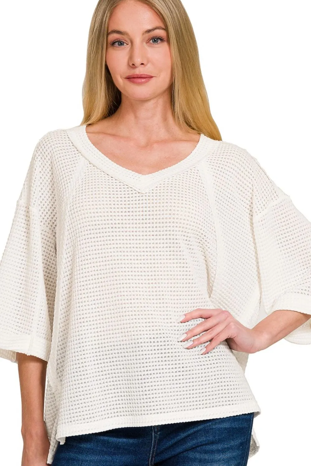 Zenana Brushed Waffle Exposed-seam 3/4 Sleeve Top