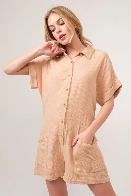 And The Why Washed Gauze Roll-up Sleeve Comfort Utility Romper