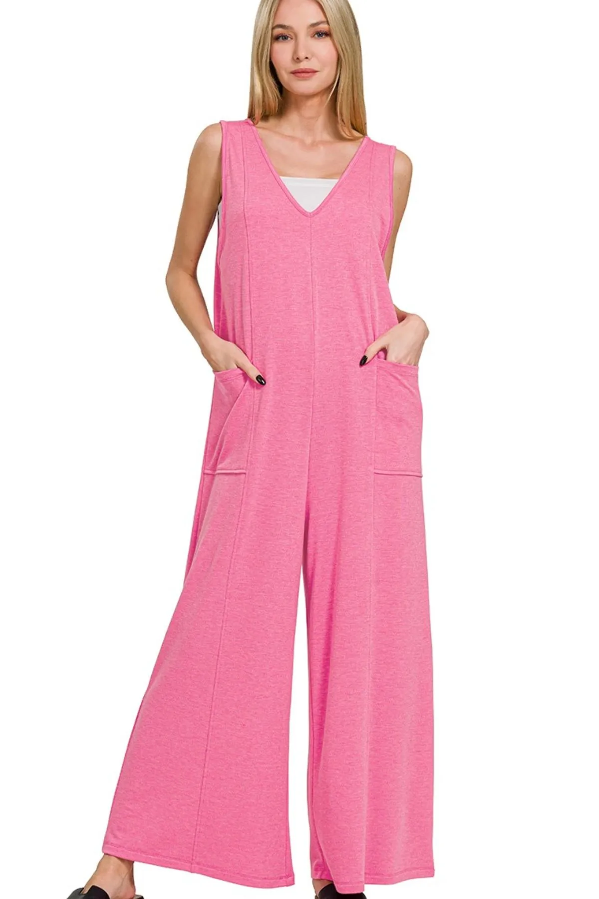 Zenana French Terry Deep V Neck Jumpsuits