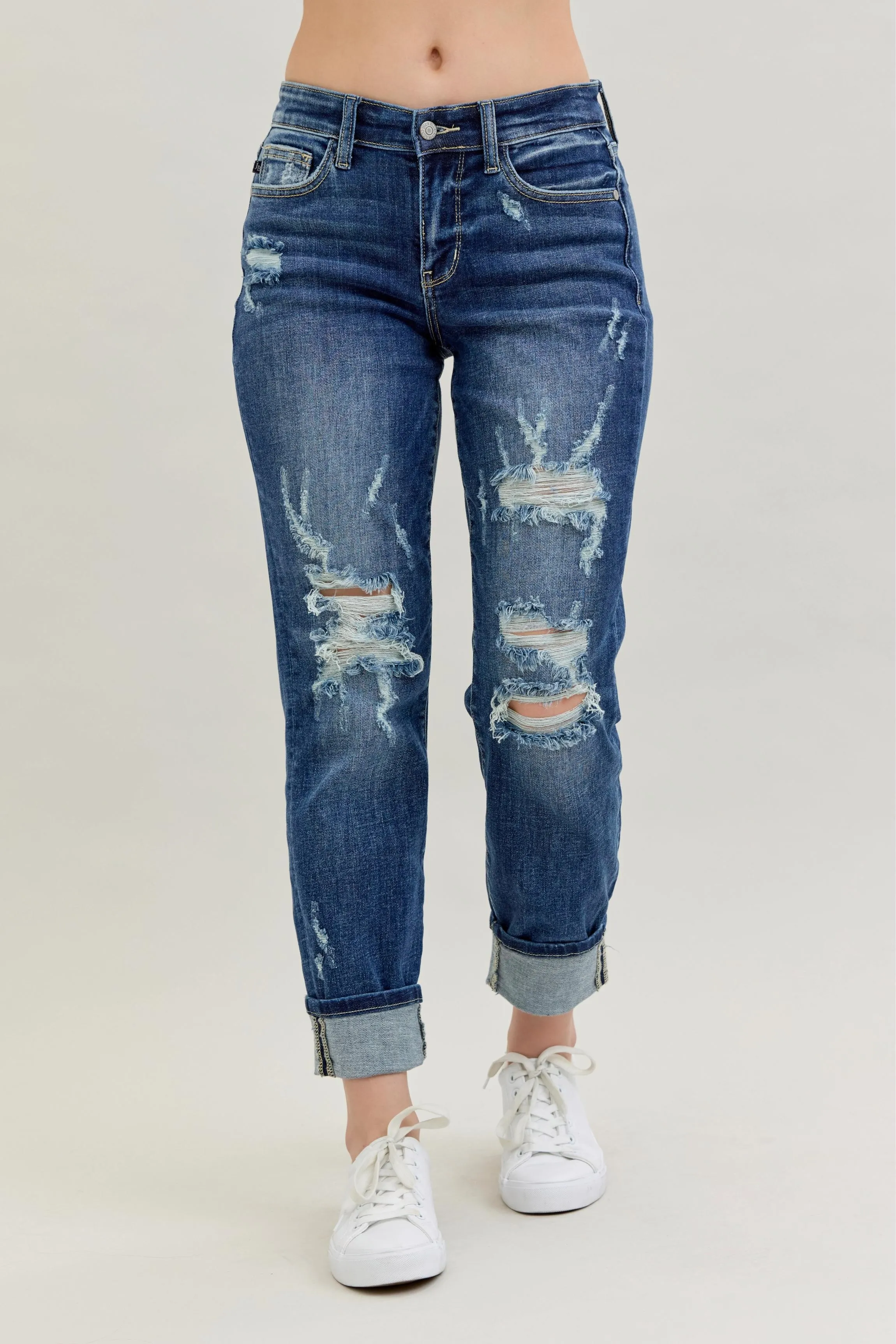 Judy Blue Full Size Mid Rise Cuffed Destroy Bf Jeans Plus Size