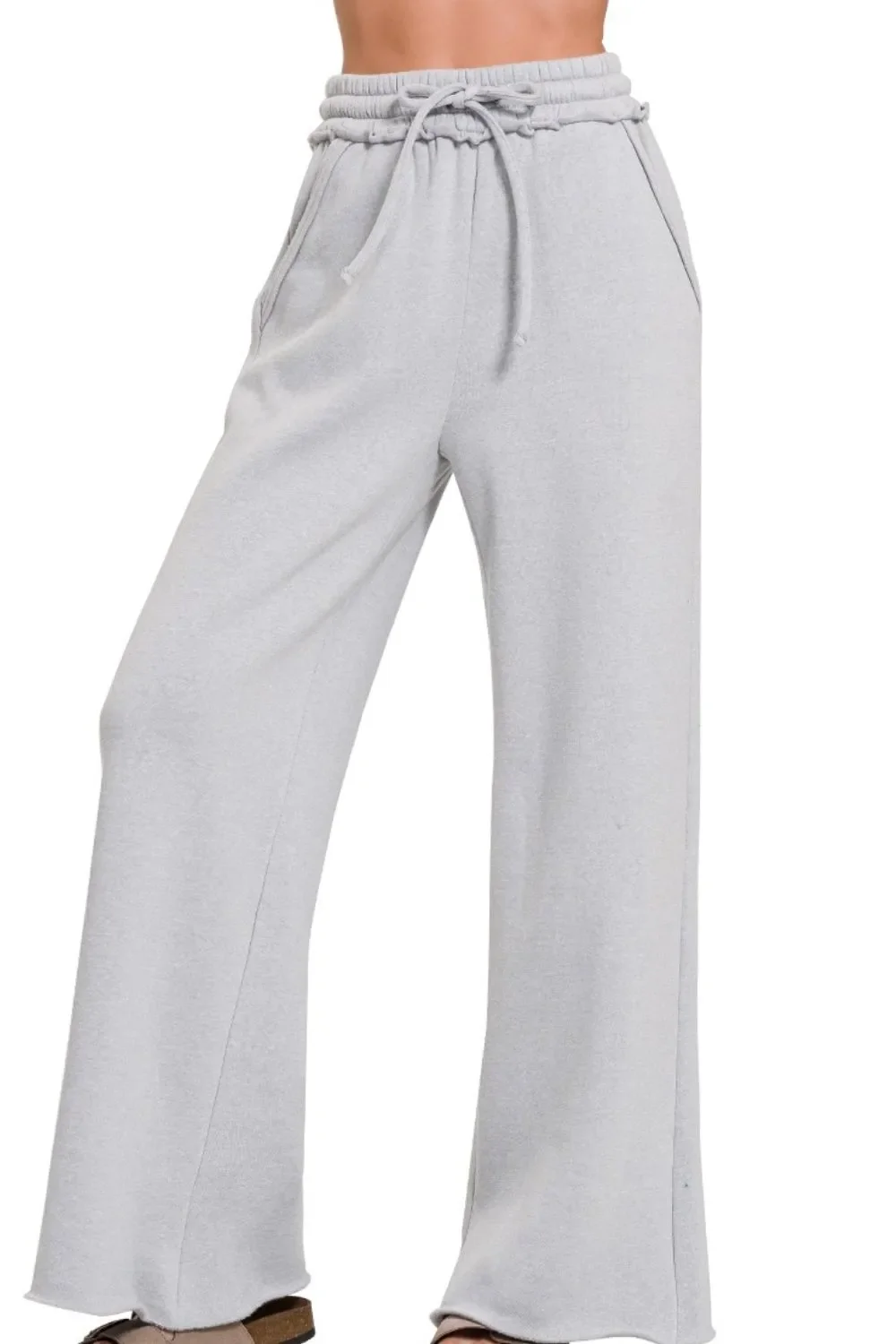 Zenana Fleece Exposed Seam Wide Leg Sweatpants