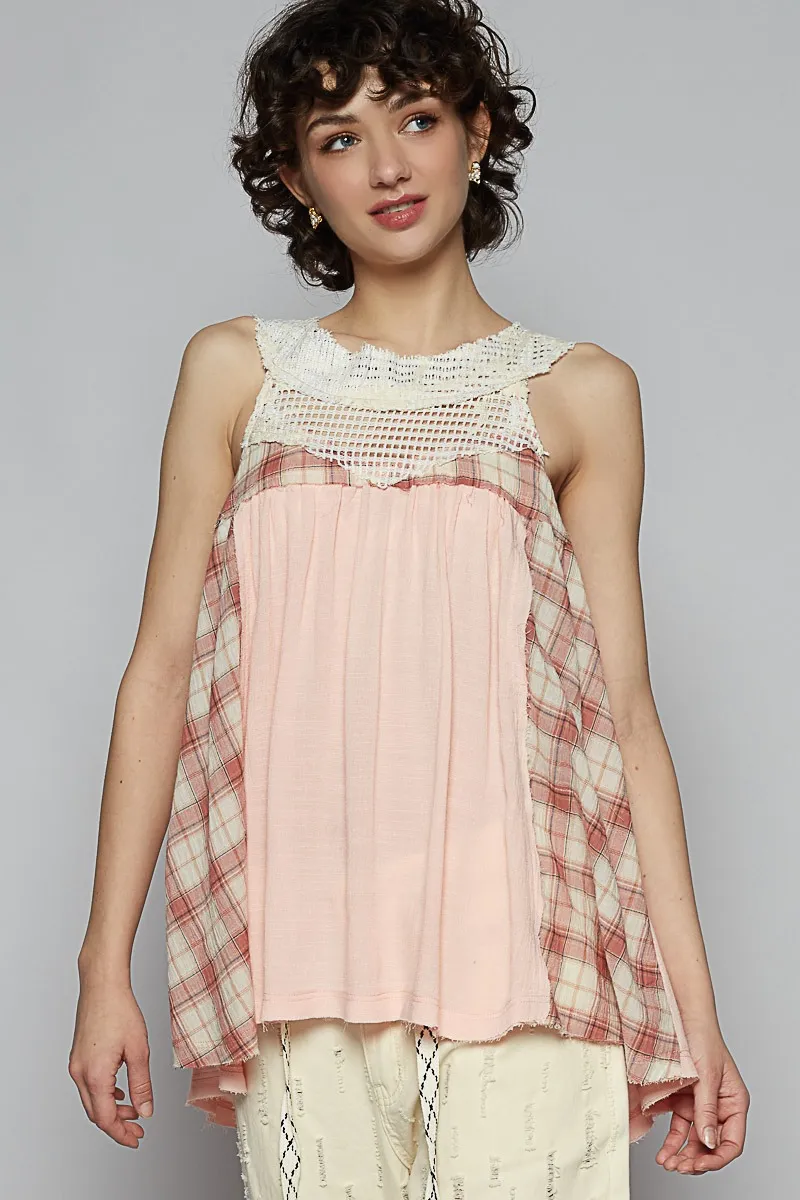 POL Crochet Lace Plaid Panel Detail Tank