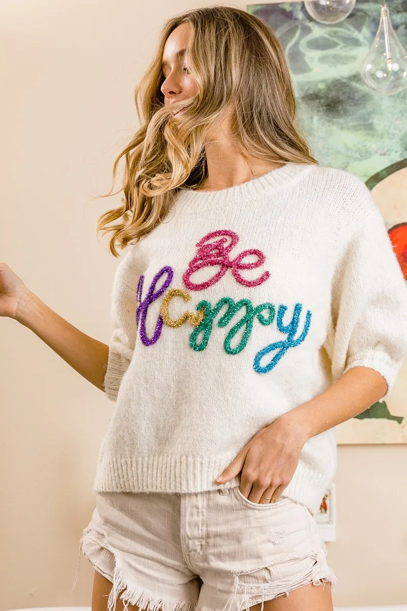 BiBi Metallic Letter Short Puff Sleeve Hairy Sweater