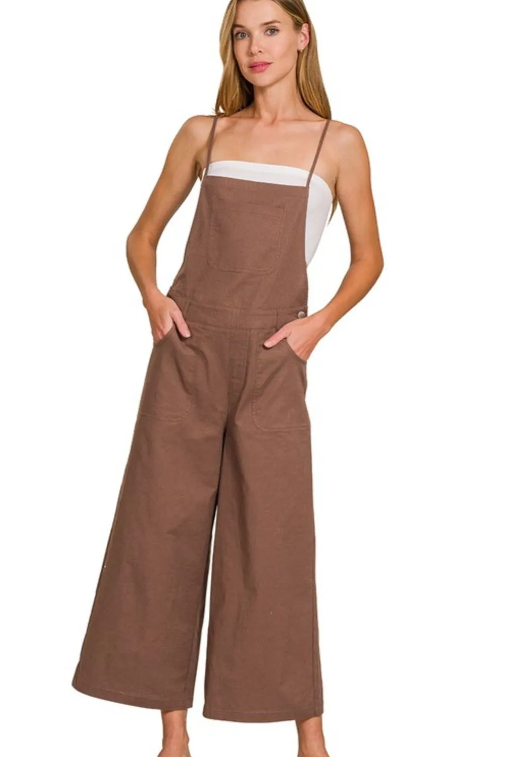 Zenana Woven Spaghetti Strap Overalls