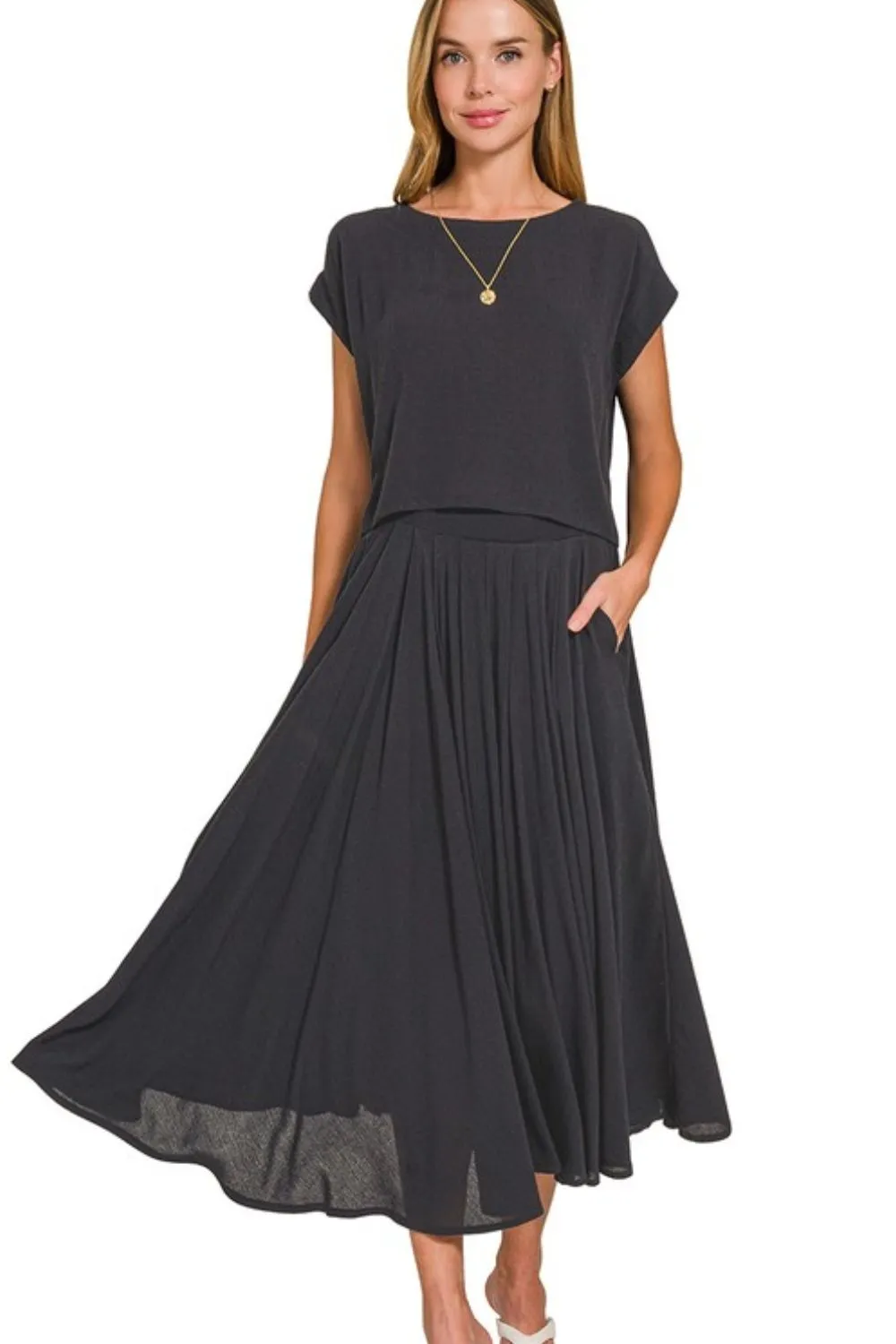 Zenana Woven Crinkle Gauze Crop Tee and Skirt Set