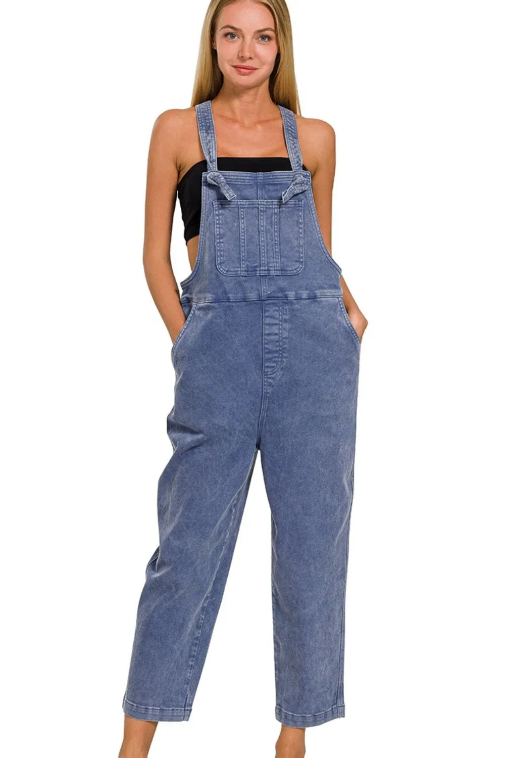 Zenana Washed Knot Strap Relaxed Fit Overalls