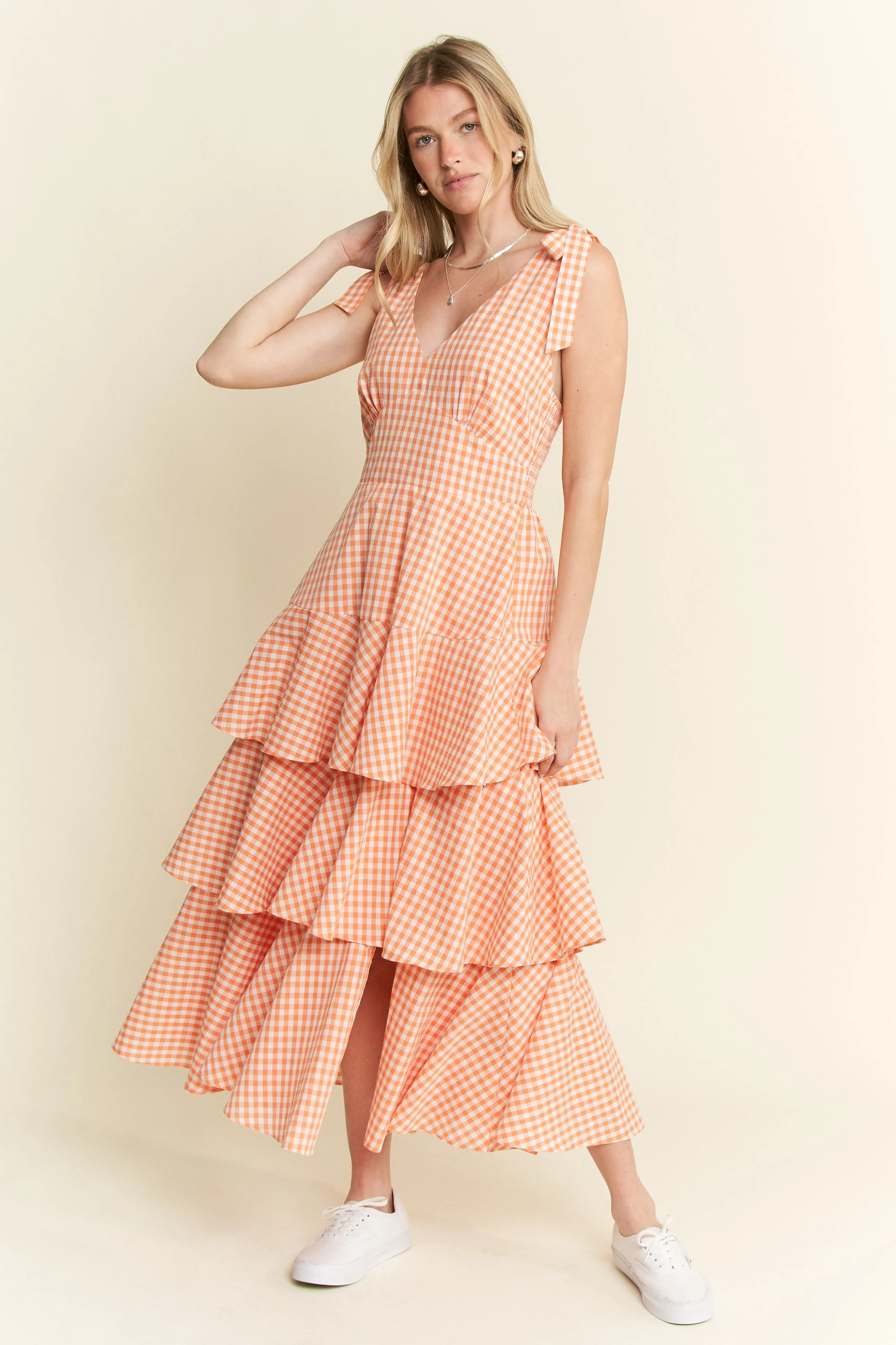 Jade By Jane Sleeveless Gingham Print Tiered Midi Dress