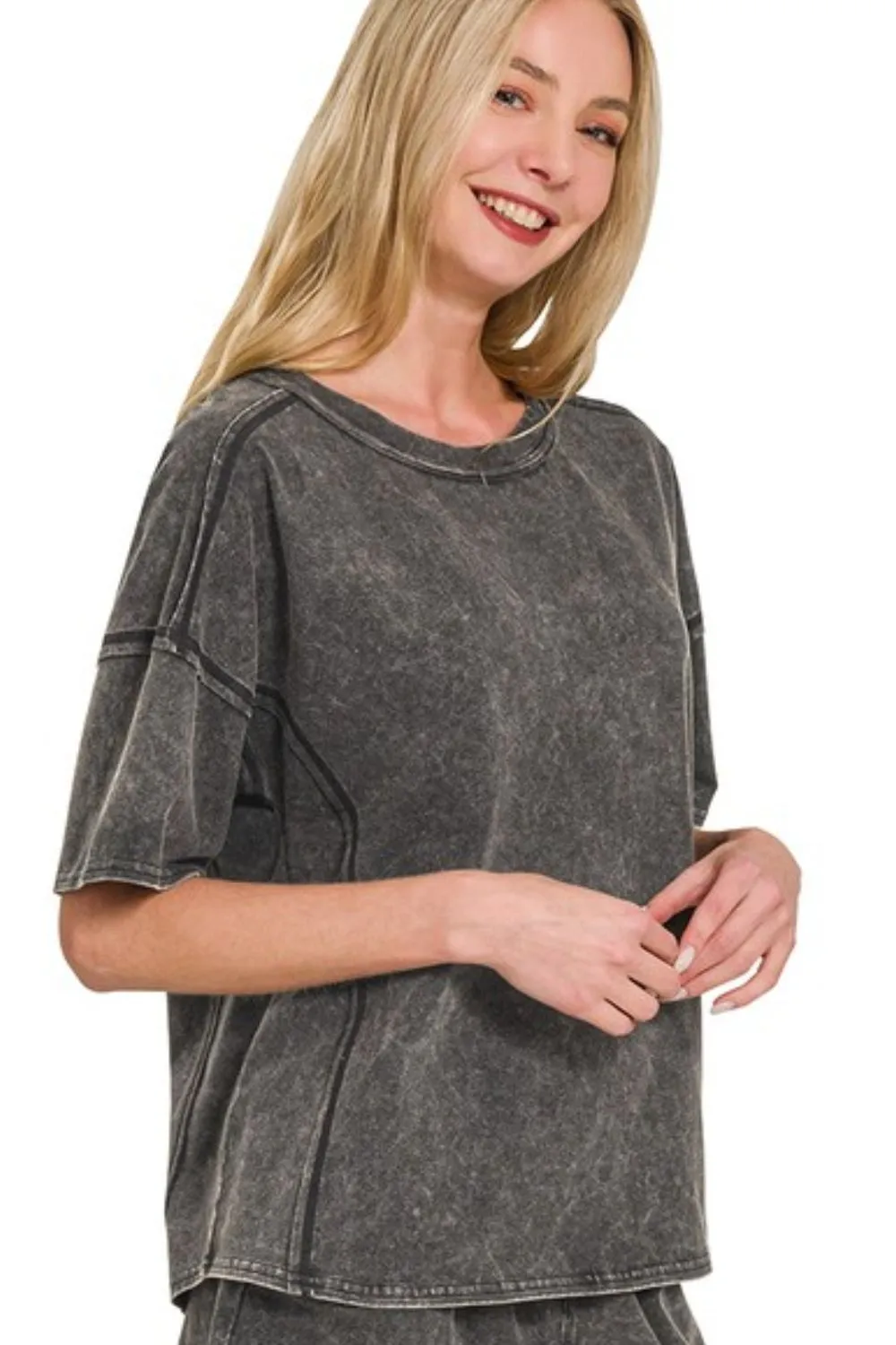 Zenana Acid Washed Short Sleeve Tee & Shorts Set