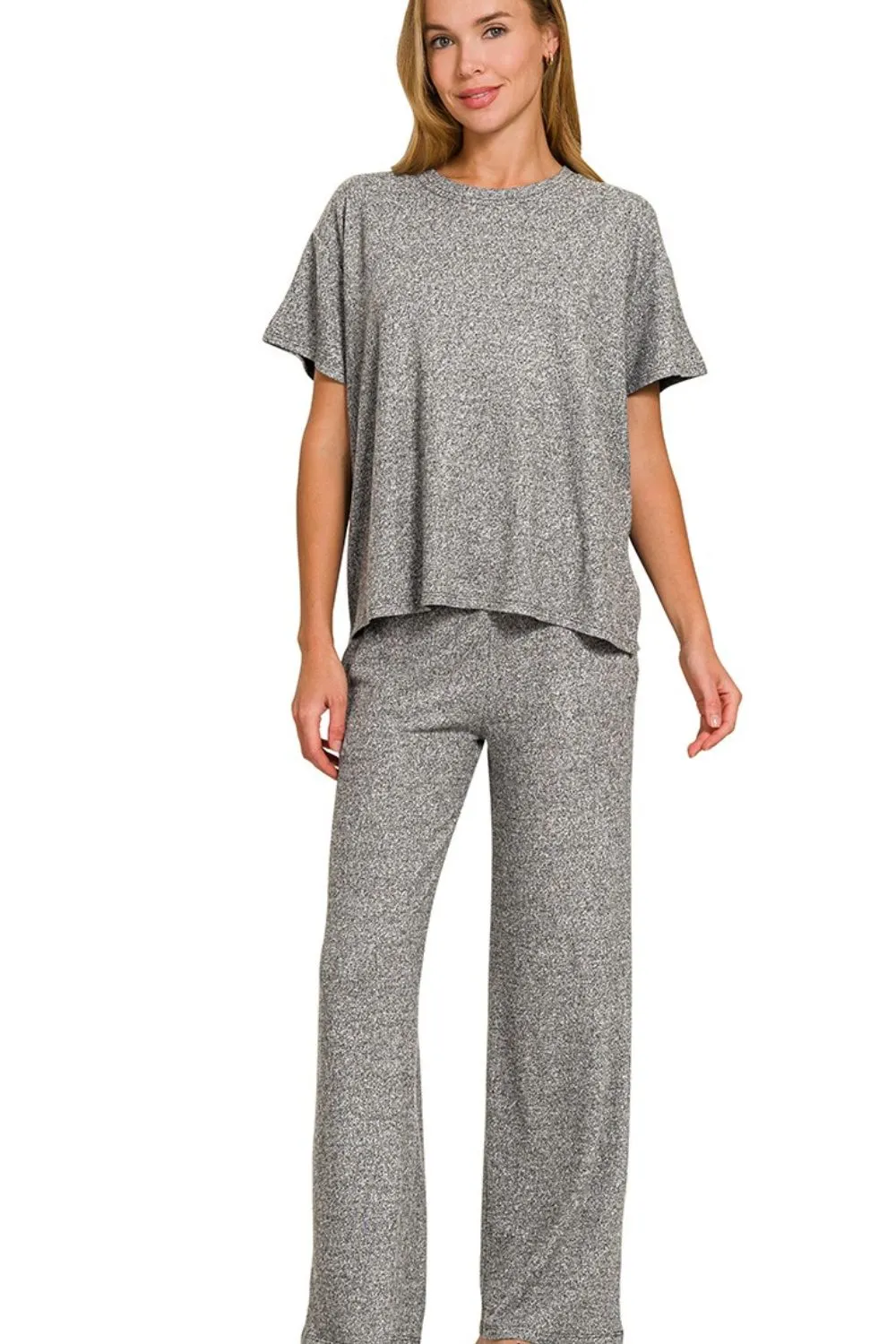 Zenana Soft Melange Short Sleeve Tee & Long Pants Set