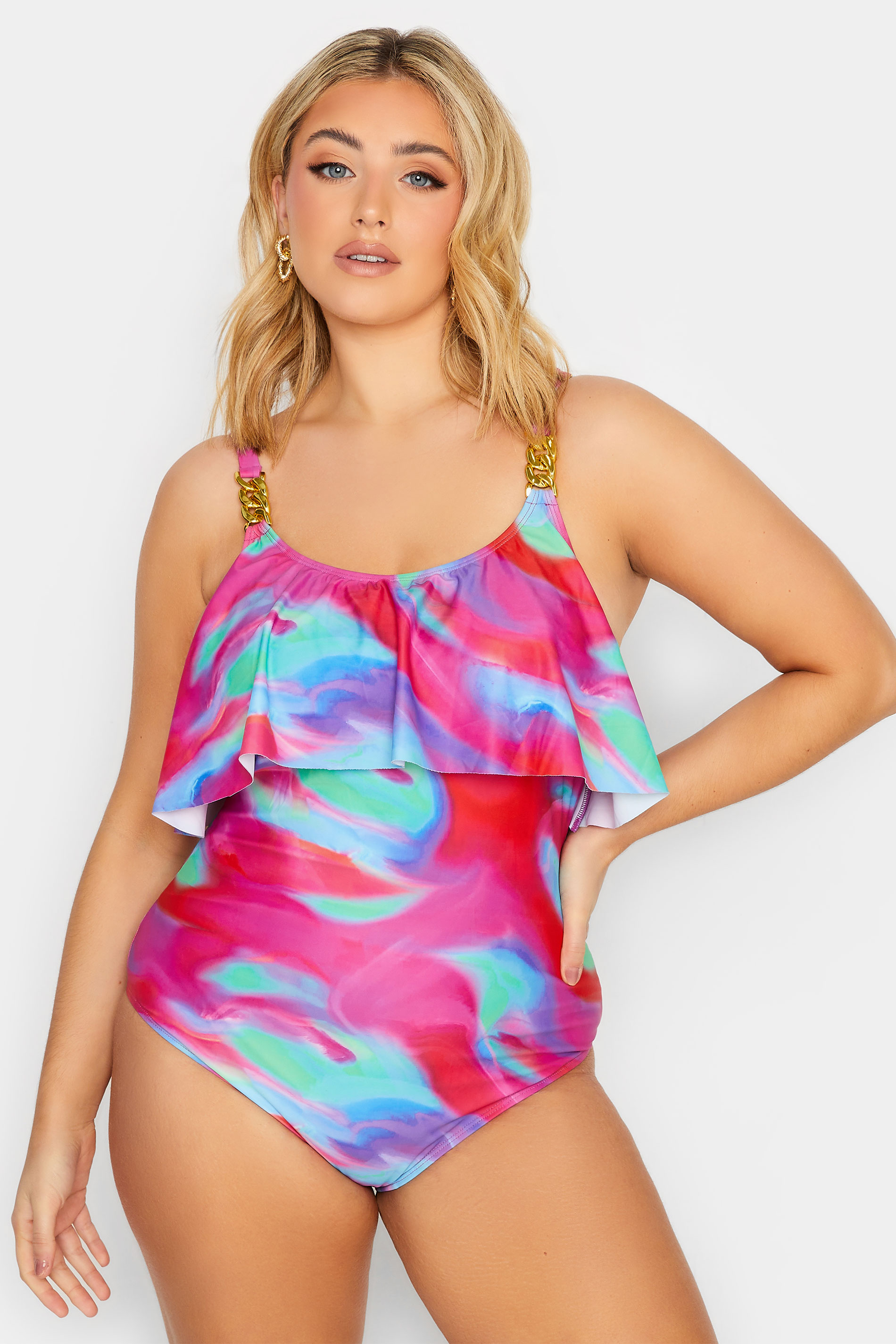 YOURS Curve Pink Swirl Print Frill Chain Tummy Control Swimsuit