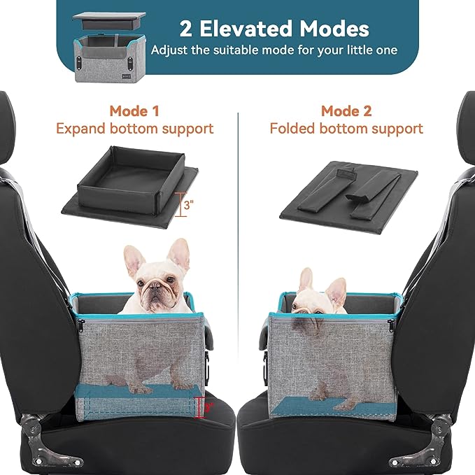 PETSFIT Small Dog Car Seat, Puppy Portable Dog Booster seat for Car with Clip-On Leash, Adjustable Straps Perfect for Small Pets Up to 25lbs (Grey and Green)