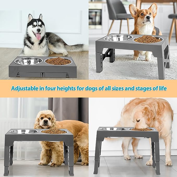 Niubya Elevated Dog Bowls with 2 Stainless Steel Dog Food Bowls, Raised Dog Bowl Adjusts to 5 Heights (3.15