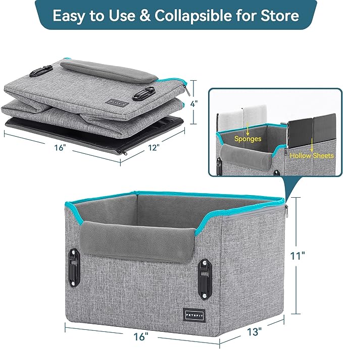 PETSFIT Small Dog Car Seat, Puppy Portable Dog Booster seat for Car with Clip-On Leash, Adjustable Straps Perfect for Small Pets Up to 25lbs (Grey and Green)