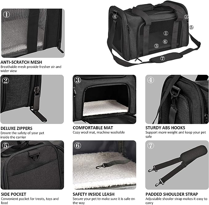 Henkelion Cat, Dog Carrier for Small Medium Cats Puppies up to 15 Lbs, TSA Airline Approved Carrier Soft Sided, Collapsible Travel Puppy Carrier - Grey