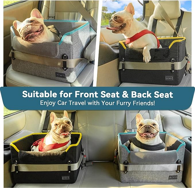 PETSFIT Small Dog Car Seat, Puppy Portable Dog Booster seat for Car with Clip-On Leash, Adjustable Straps Perfect for Small Pets Up to 25lbs (Grey and Green)
