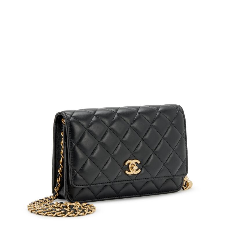 Black Quilted Lambskin Pearl Crush Wallet on Chain Gold Hardware