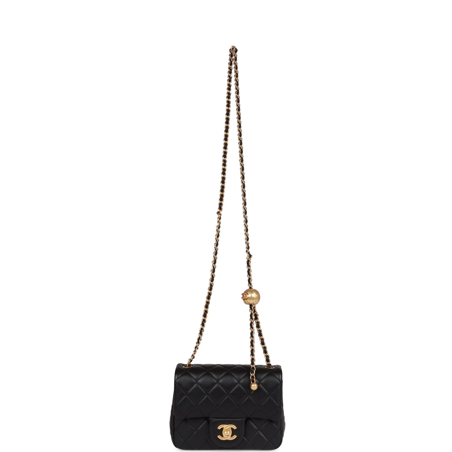 Chanel CC Pearl Crush Mini Square Flap Bag Black Lambskin Antique Gold Hardware