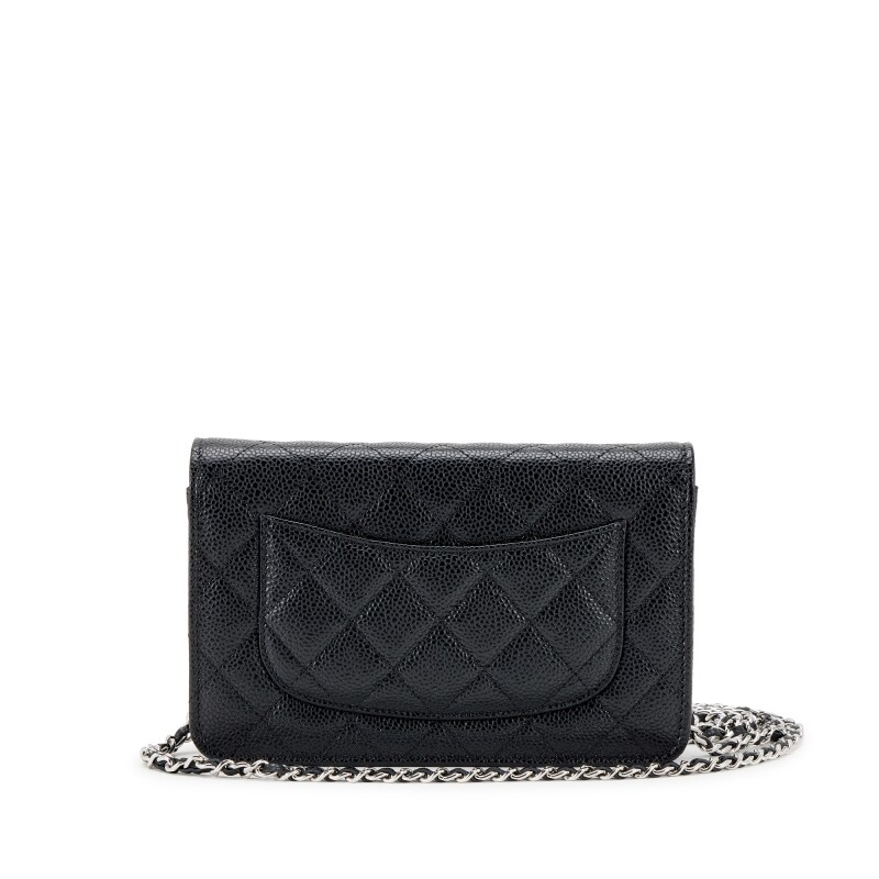 Black Quilted Caviar Wallet On Chain Silver Hardware